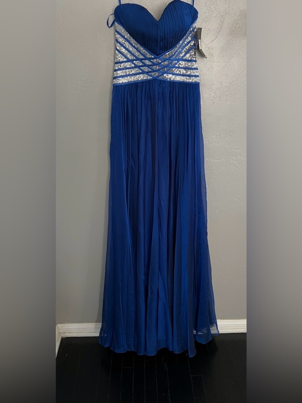 La Femme  Blue Strapless Evening Gown with Silver Sequin Waist size 0